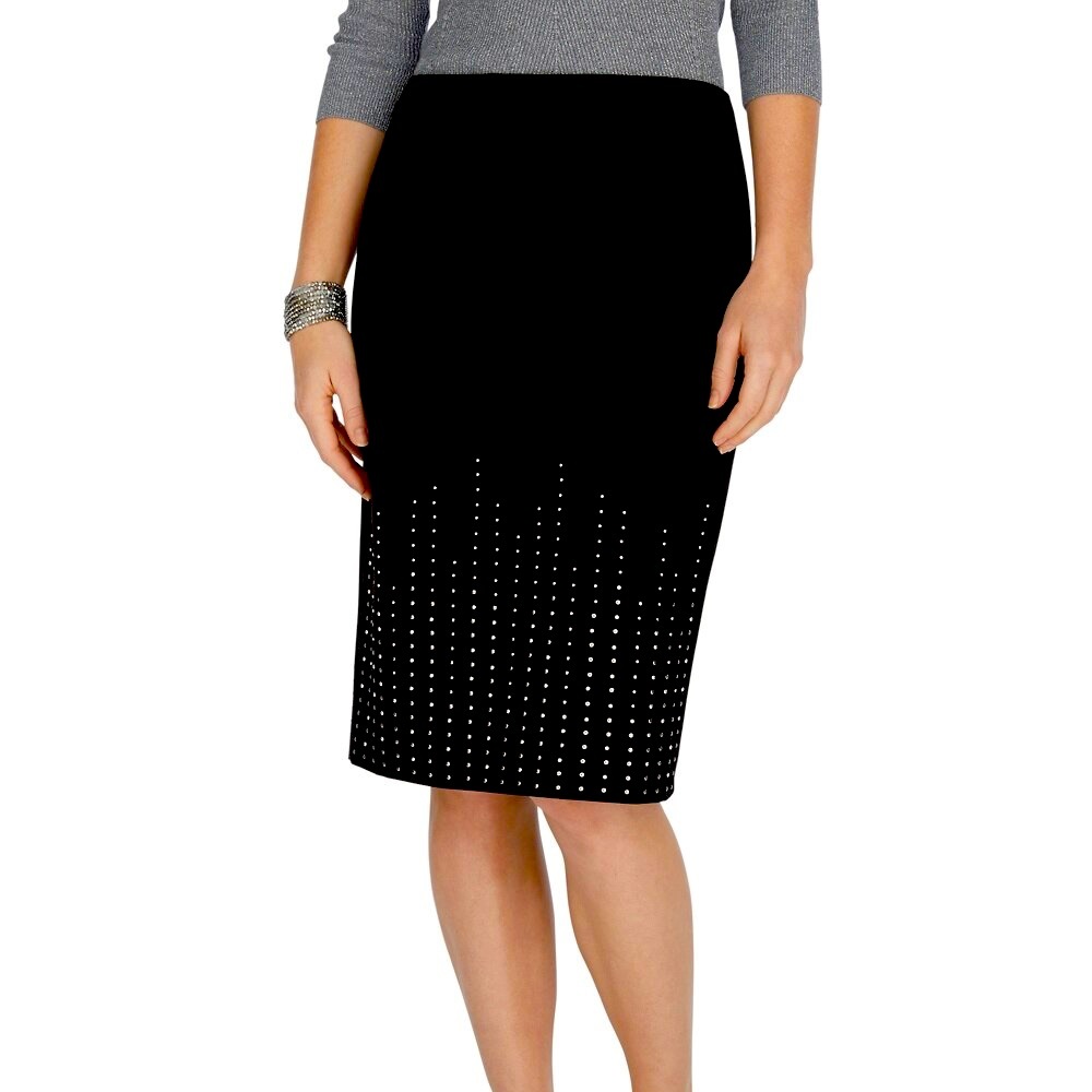 EMBELLISHED PONTE BLACK PENCIL SKIRT